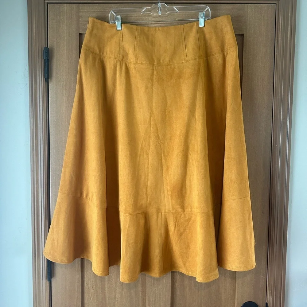 Maeve Anthropologie Cosima Flounced Hi-Low Suede Midi Skirt Mustard size 16W​​ - Picture 5 of 15